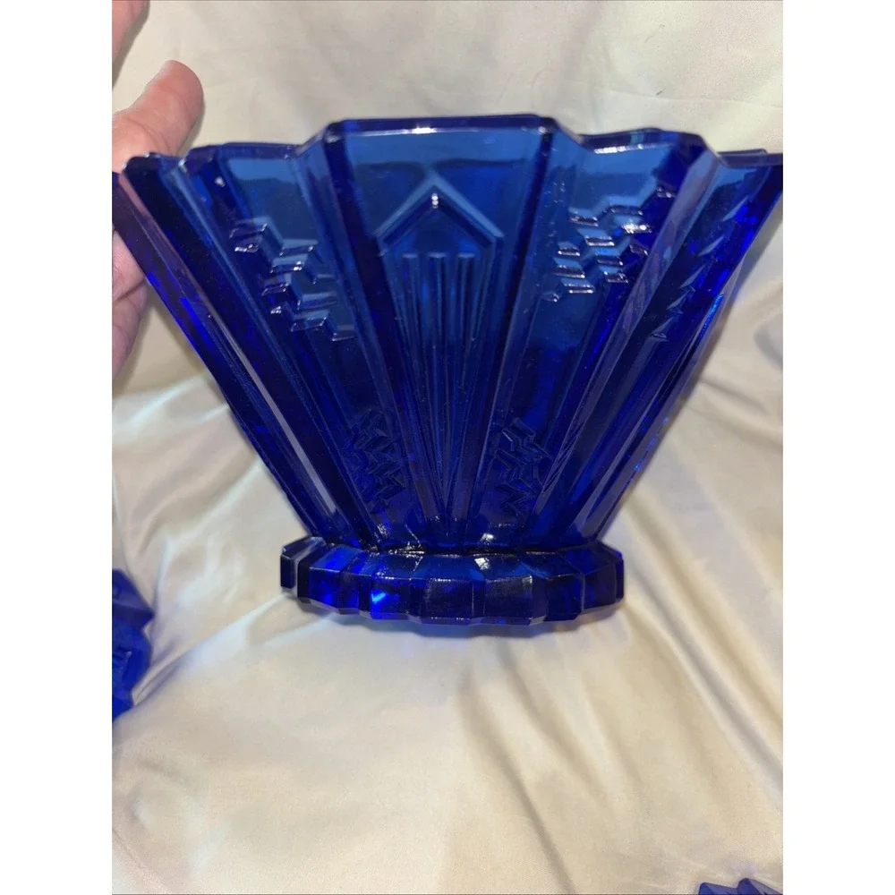 LE Smith Wigwam Art Deco Console Set Circa 1930 Blue Bowl 2 Candlesticks Cobalt